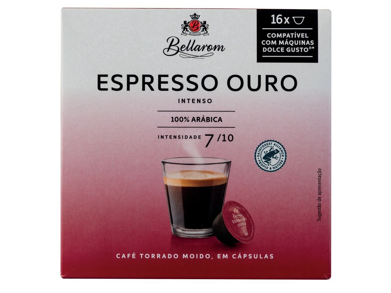 Caixa de cápsulas de café Bellarom Espresso Ouro, compatíveis com máquinas Dolce Gusto.