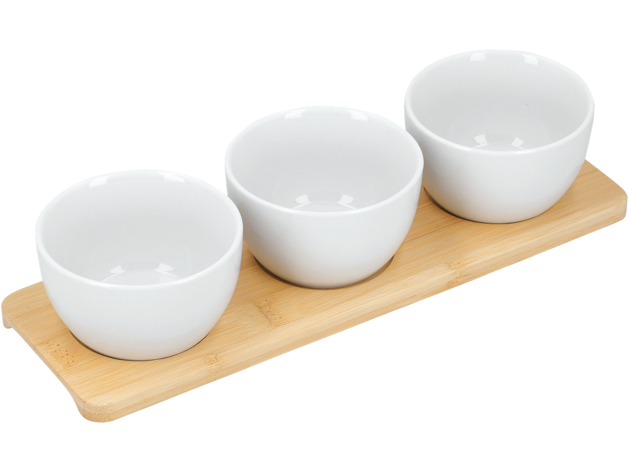 SILVERCREST® Dipskålar, set: Três tigelas brancas para molhos numa bandeja de bambu.