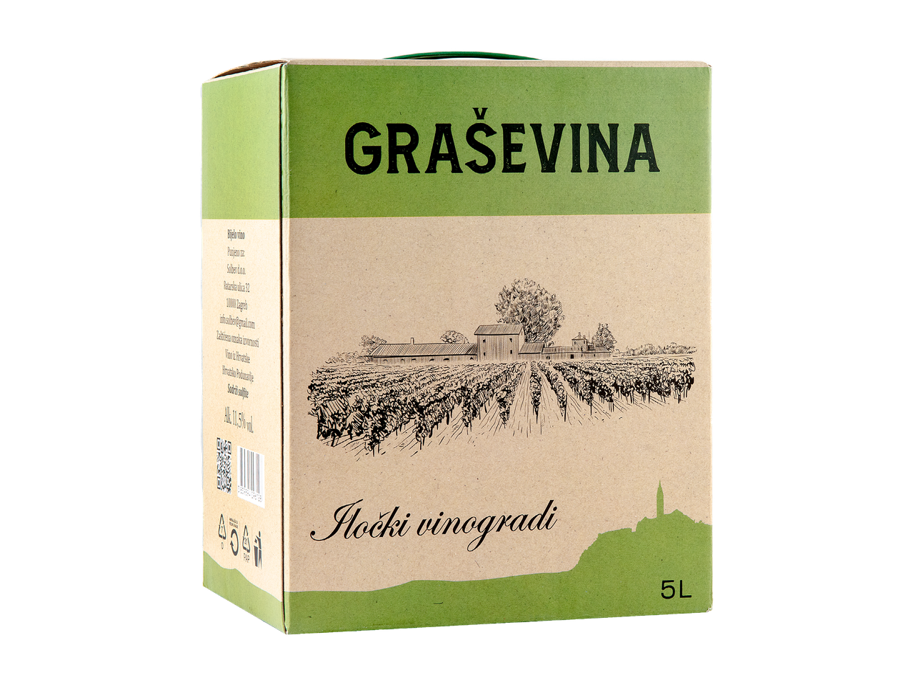 Kutija bijelog vina Graševina od 5L s ilustracijom vinograda i natpisom 'Iločki vinogradi'.
