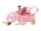 Wooden and felt spa play set with a pink bag, face mask, lotion, brush, mirror, and cucumber slices.