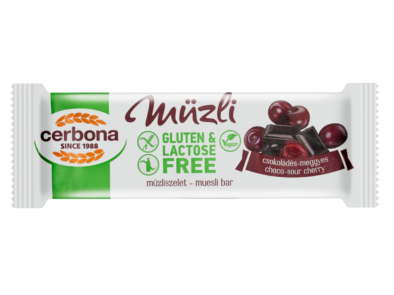 Cerbona glutén- és laktózmentes csokoládés-meggyes müzliszelet.