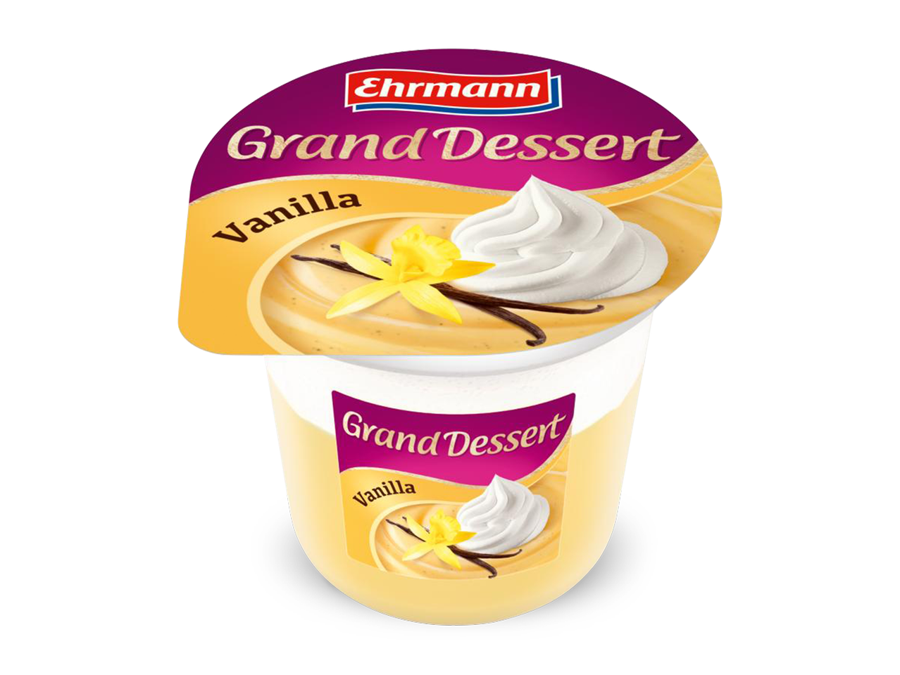 Vanille Grand Dessert met slagroom, vanillebloem en vanillestokjes.