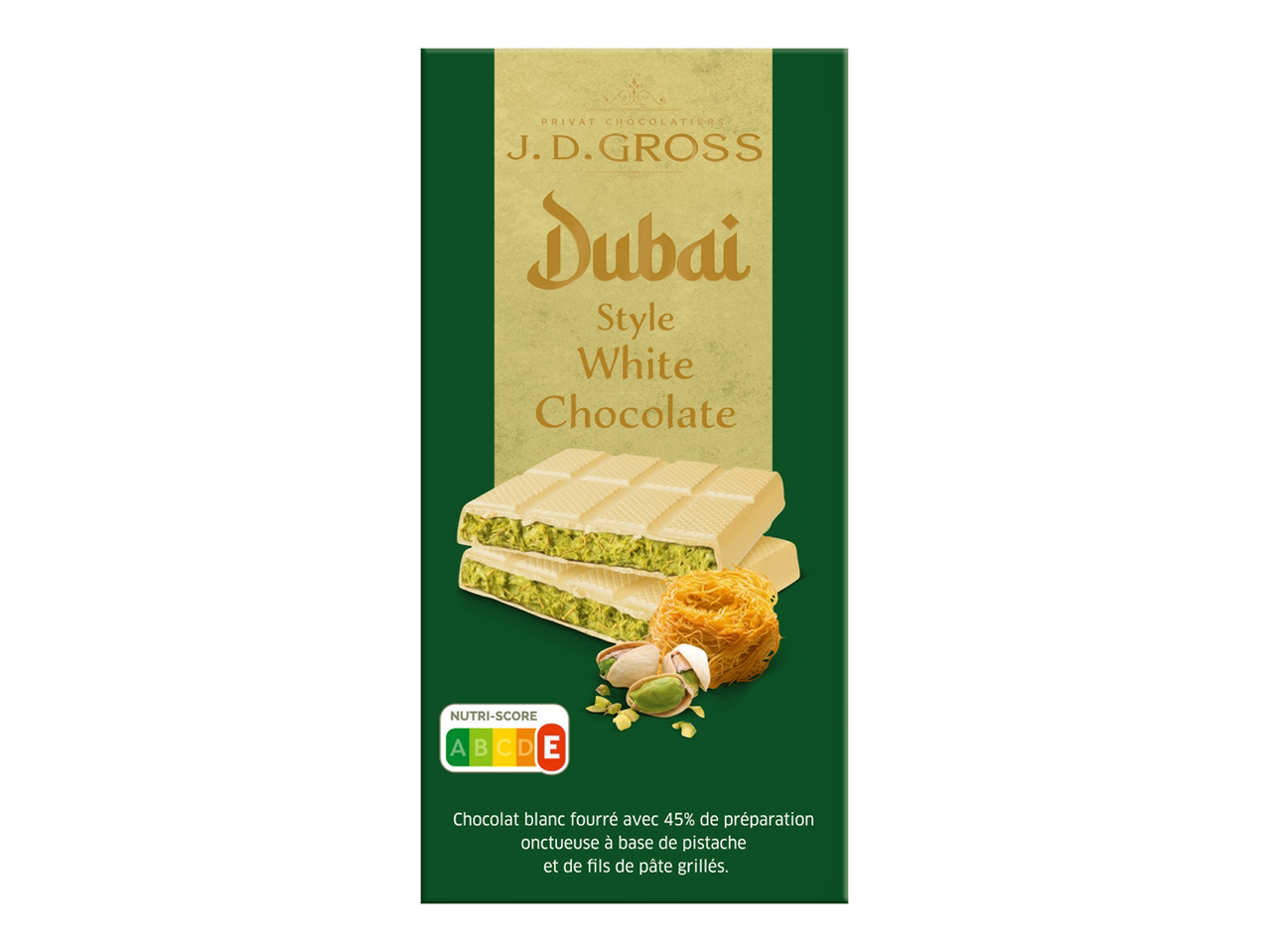 Chocolat blanc fourré à la pistache, style Dubaï, avec Nutri-Score E.