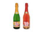 To flasker alkoholfri festdrik: fersken og jordbær.