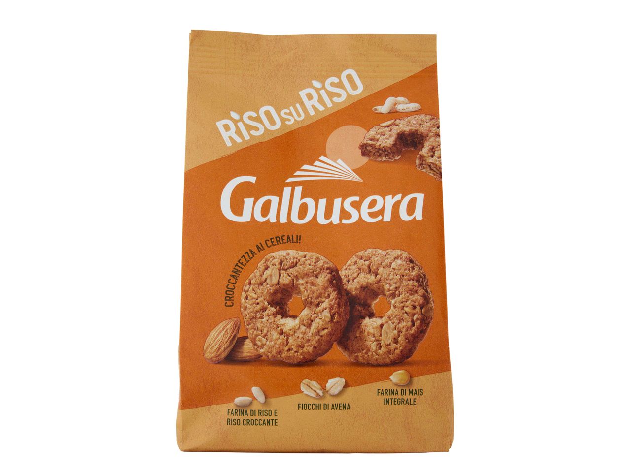 Sacchetto di biscotti Galbusera Riso su Riso, croccanti e con cereali.
