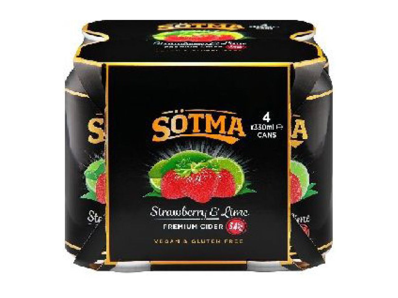 Four-pack of strawberry and lime premium cider cans, vegan and gluten-free.
