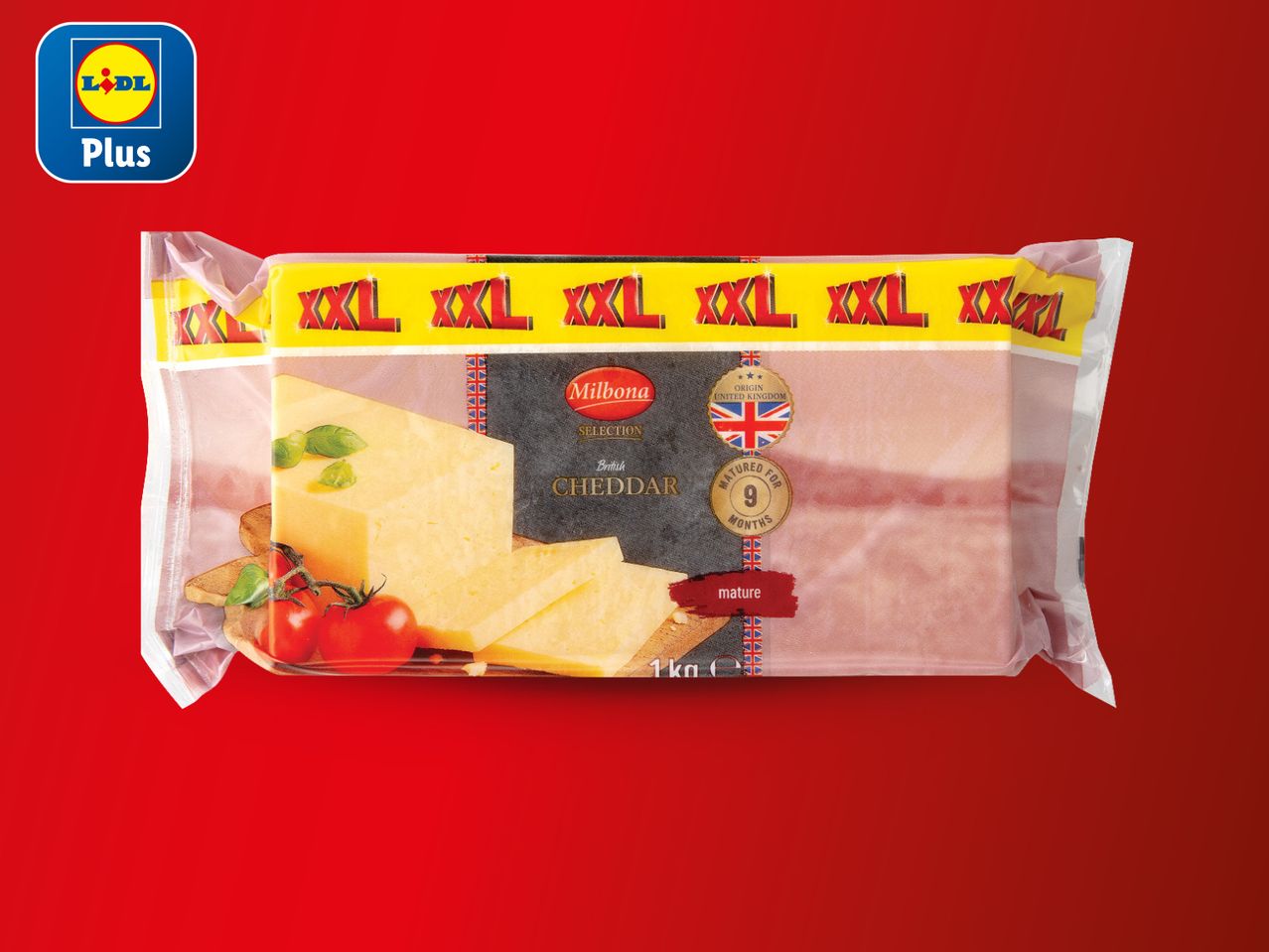 Pakiranje Milbona cheddar sira (1 kg) iz Lidla Plus linije.