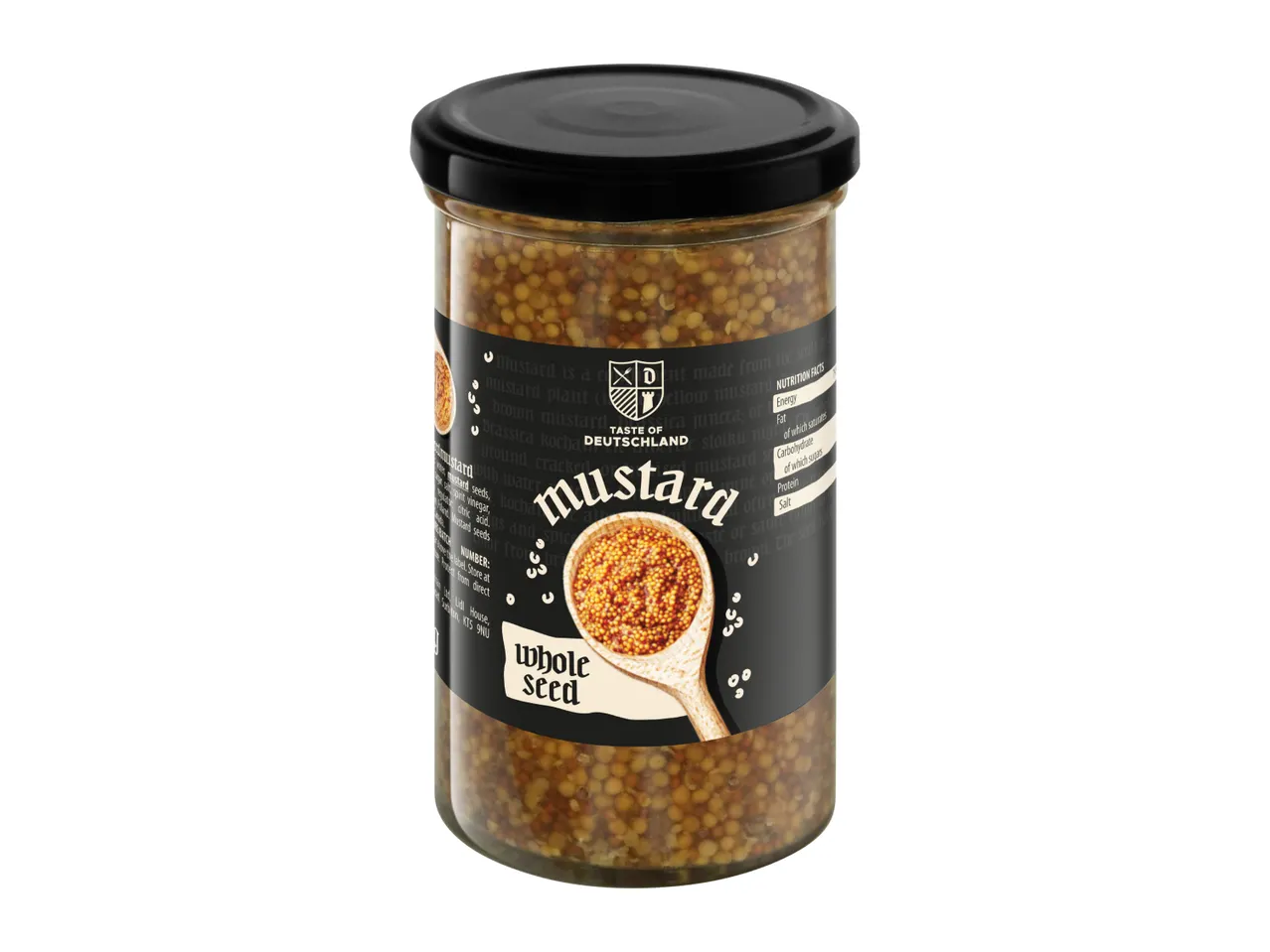 A jar of whole seed mustard with a black label and a wooden spoon illustration.