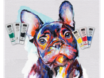 Crelando acrylic paints in various colors, including green, white, black, yellow, red, and blue, displayed on a canvas with a vibrant, impasto-style painting of a French Bulldog.