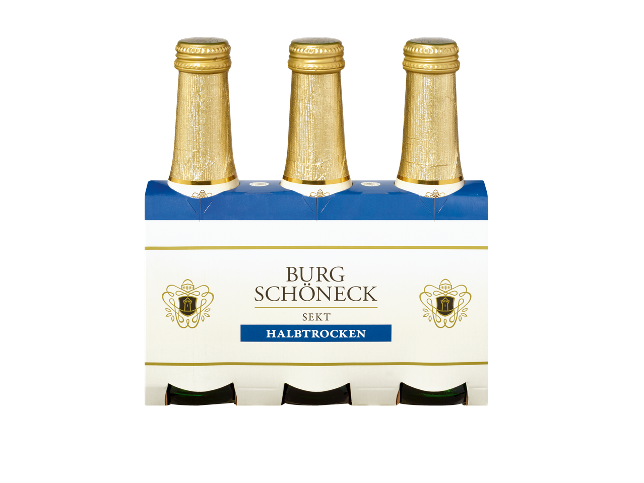 Drei Flaschen Burg Schonec Sekt Halbtrocken.