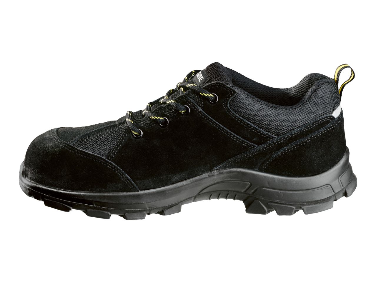 Black safety shoe with yellow and black laces, side view.