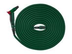 Green garden hose with a spray gun, coiled in a spiral shape