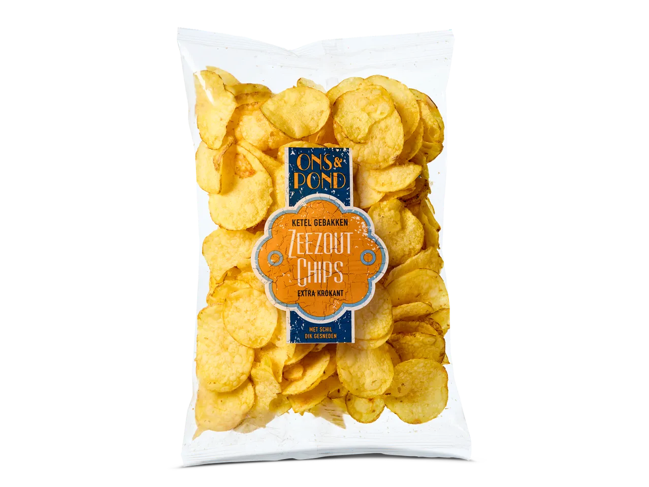 Zak ketelgebakken zeezoutchips, extra krokant en dik gesneden met schil.