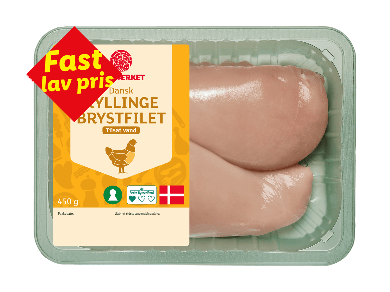 Pakke med dansk kyllingebrystfilet med teksten 'Fast lav pris'.