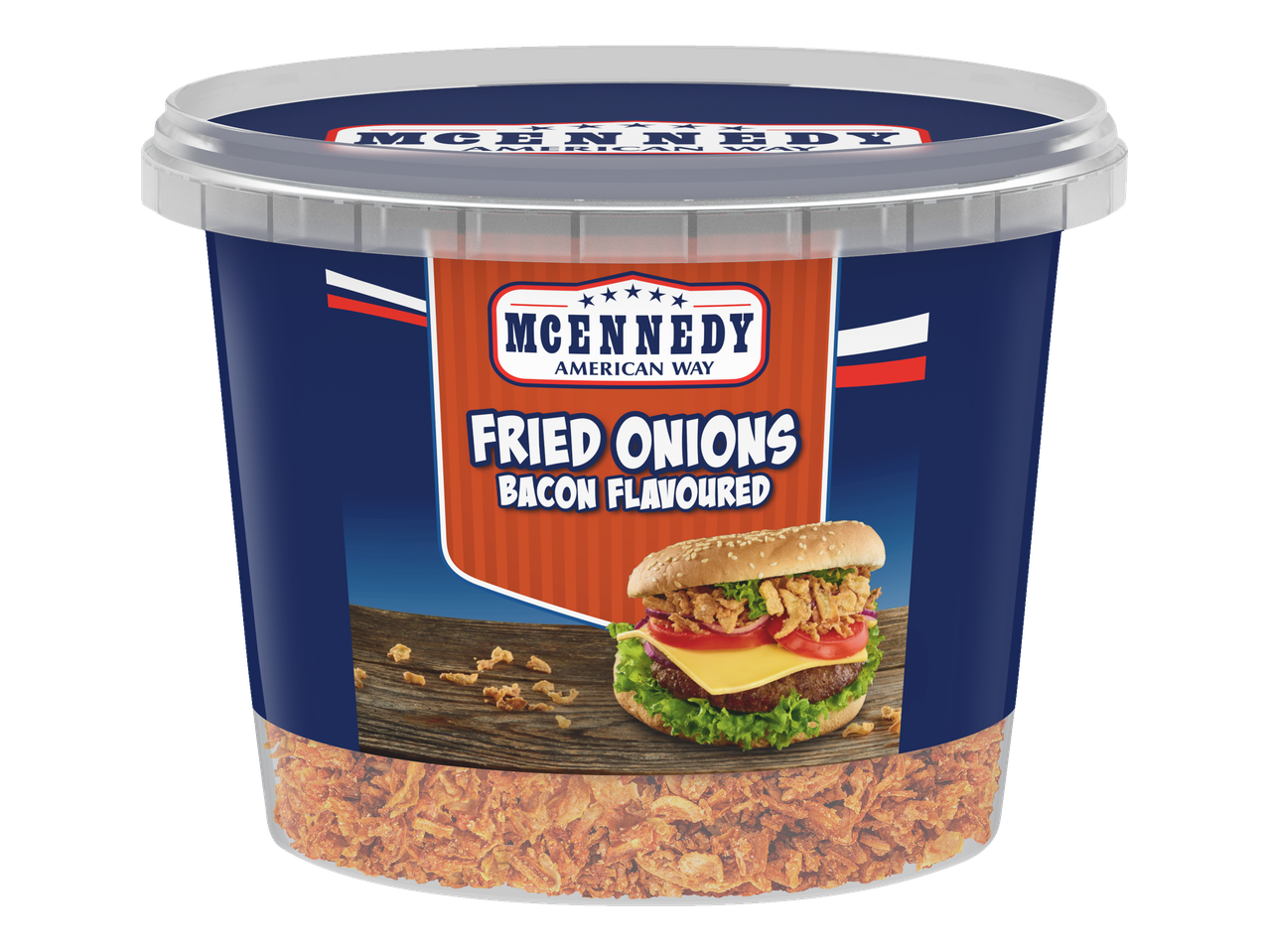 Oignons frits McKennedy saveur bacon, avec un burger sur l'emballage