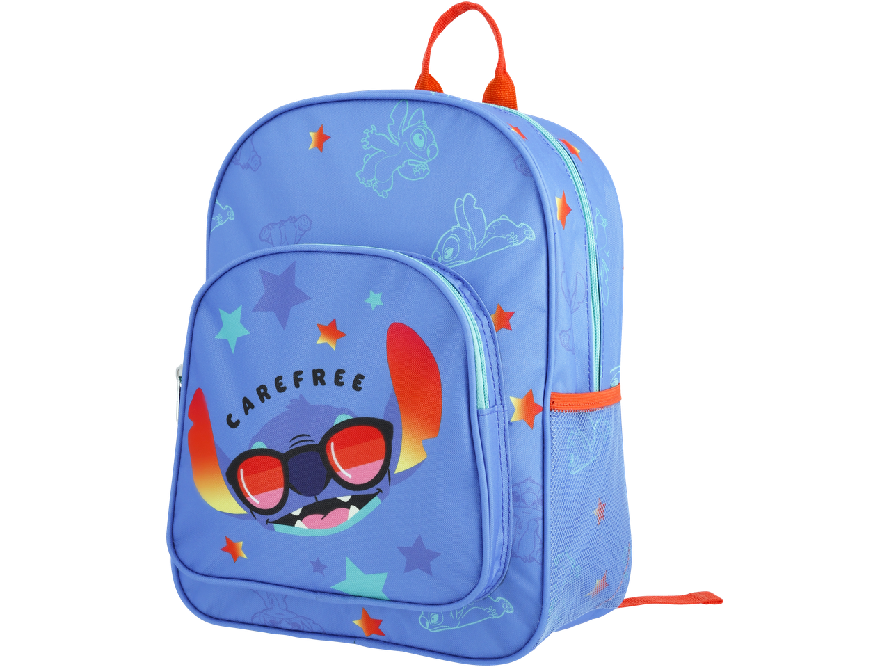 Mochila azul do Stitch com o texto 'CAREFREE' e estrelas.
