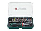 Screwdriver bit set with various bits, sockets, and a ratchet screwdriver in a clear case.