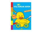Children's colouring book with a duck on wheels, pencils, and paintbrushes.