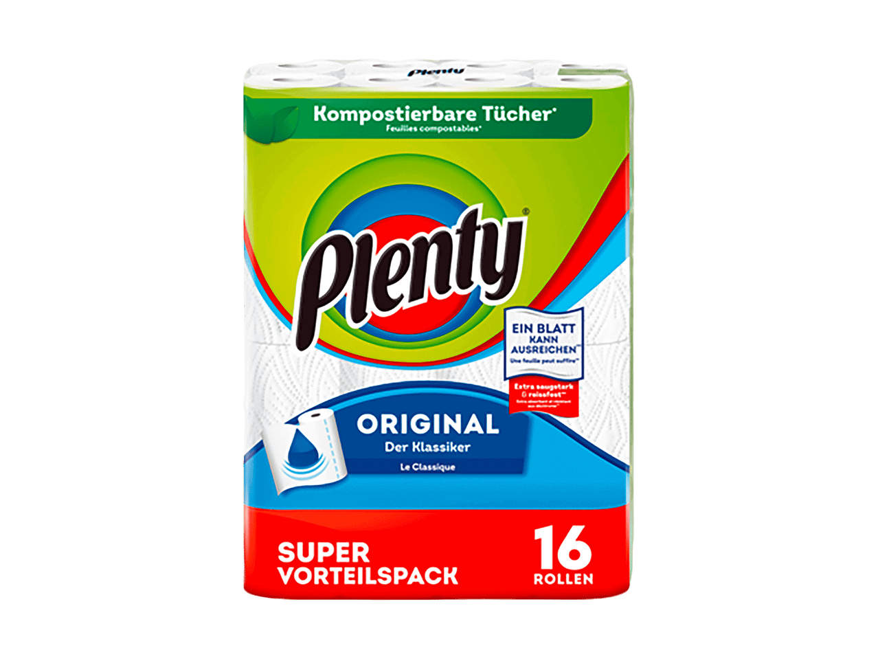 Packung Plenty Original Küchenrolle mit 16 Rollen, kompostierbar.