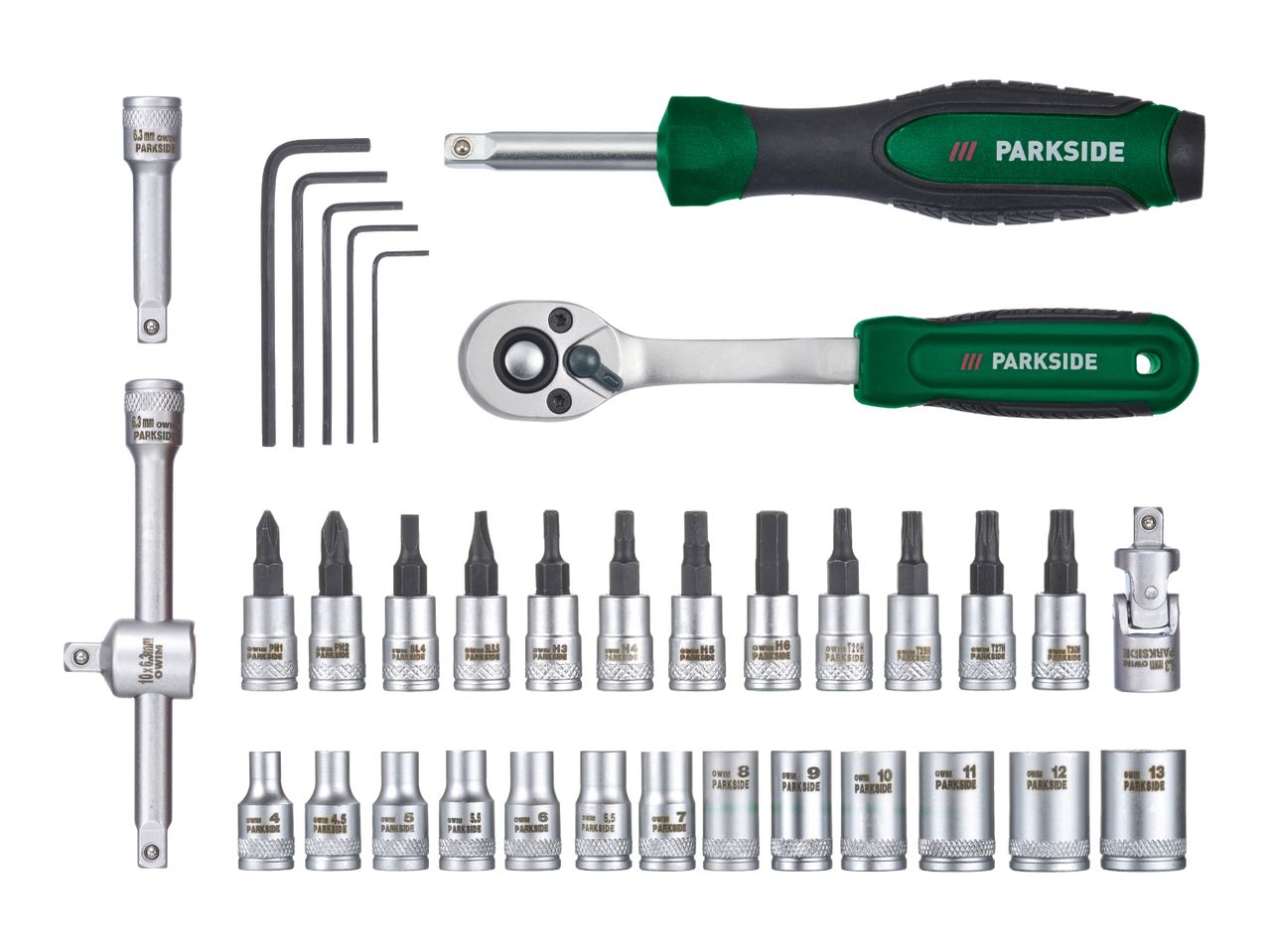 A set of Parkside brand tools, including screwdrivers, hex keys, and various sockets.