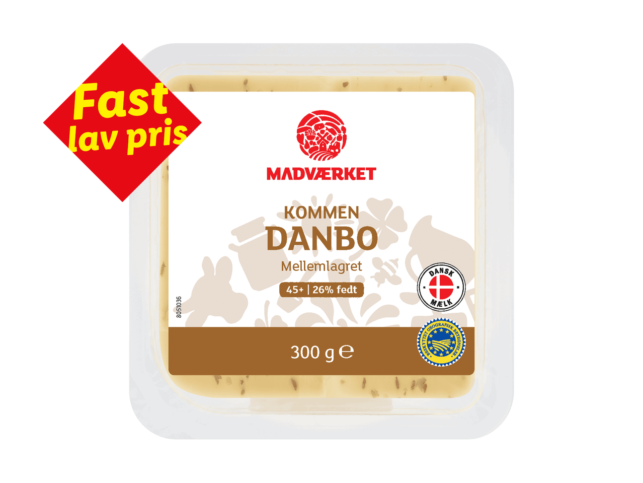 Danbo ost med kommen, mellemlagret, 300g, med mærkat for lav pris.