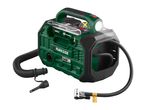 Green and black portable air compressor with various nozzles and hoses