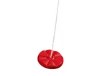 Red plastic swing seat with a white rope, isolated on a white background.