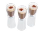 Three double-walled glasses filled with a mocha-like beverage.