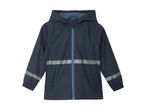 Dark blue children's rain jacket with a hood, zipper, and reflective stripes.