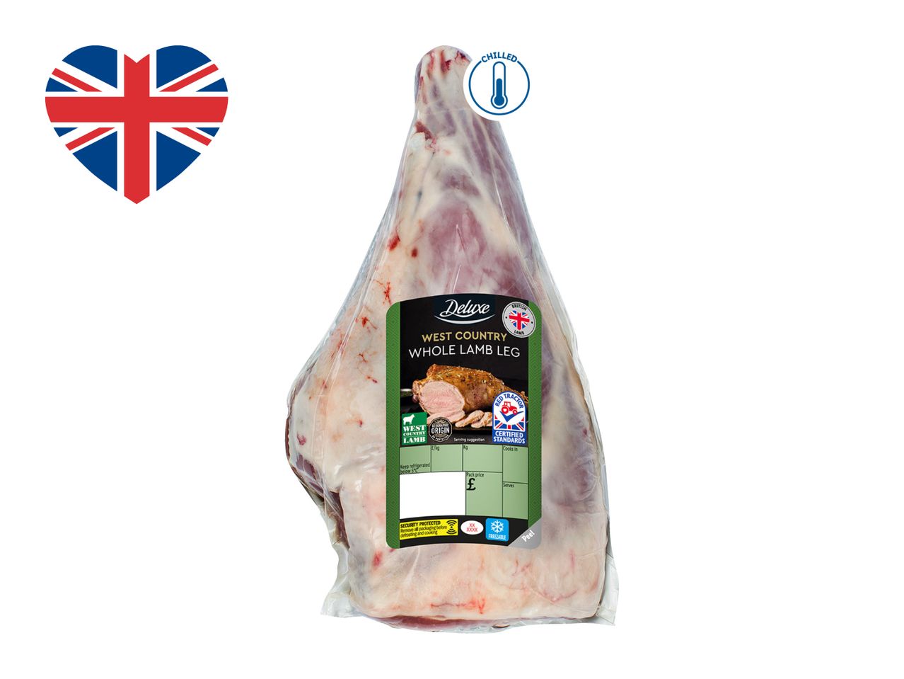 Chilled West Country whole lamb leg with a Union Jack heart icon.