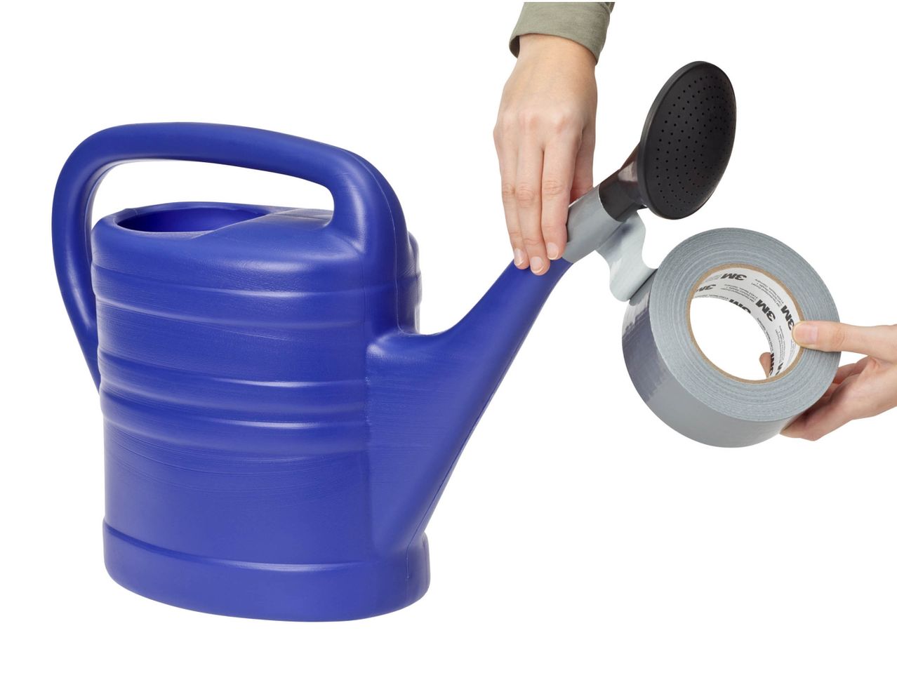 A person attaching a shower head to a blue watering can with 3M duct tape.