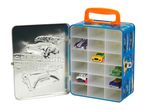 Open toy car carrying case with several toy cars inside, featuring embossed car designs on the lid.