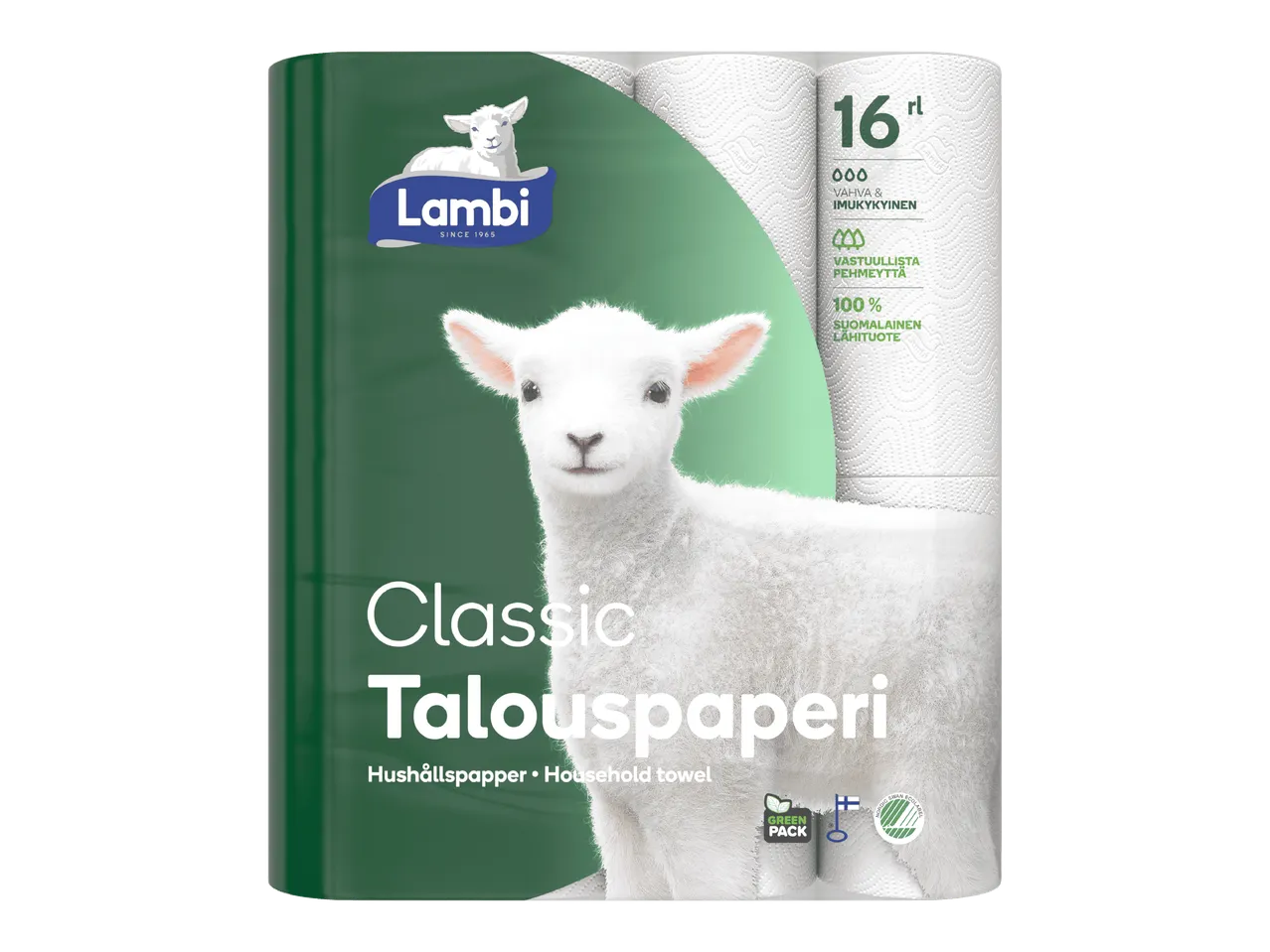 Valkoinen talouspaperipakkaus, jossa on 16 rullaa ja karitsa, tekstillä 'Classic Talouspaperi'.