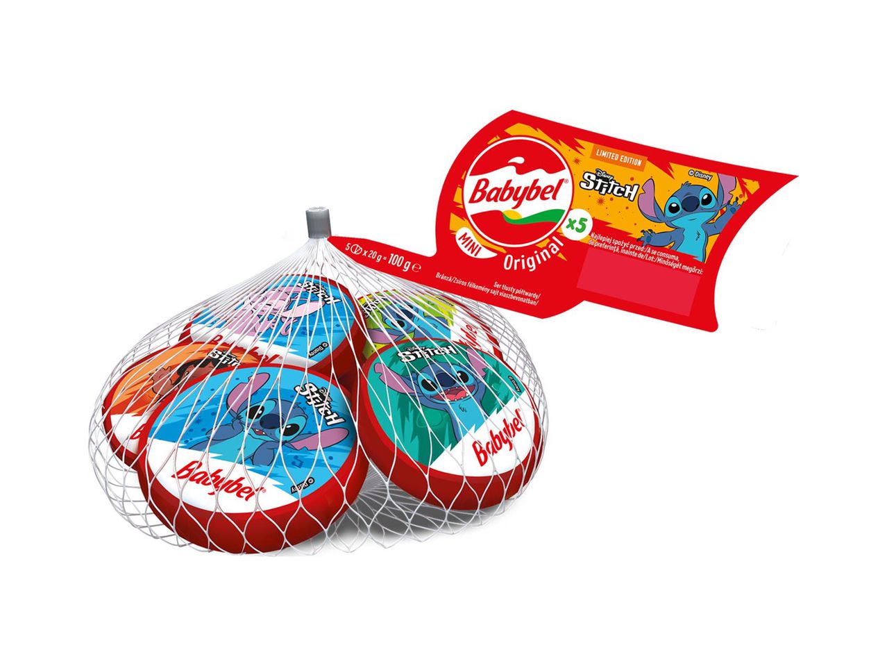 Babybel Mini Original sajt Disney Stitch limitált kiadásban, hálóban.