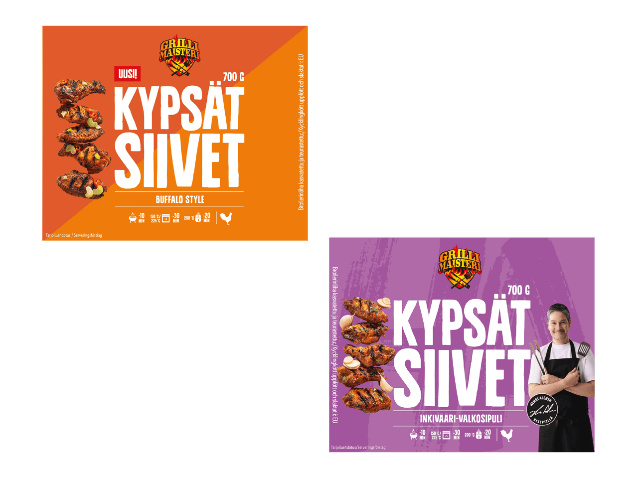 Kaksi pakkausta valmiita kanansiipiä, toinen oranssi Buffalo-tyylinen ja toinen violetti inkivääri-valkosipulinen.