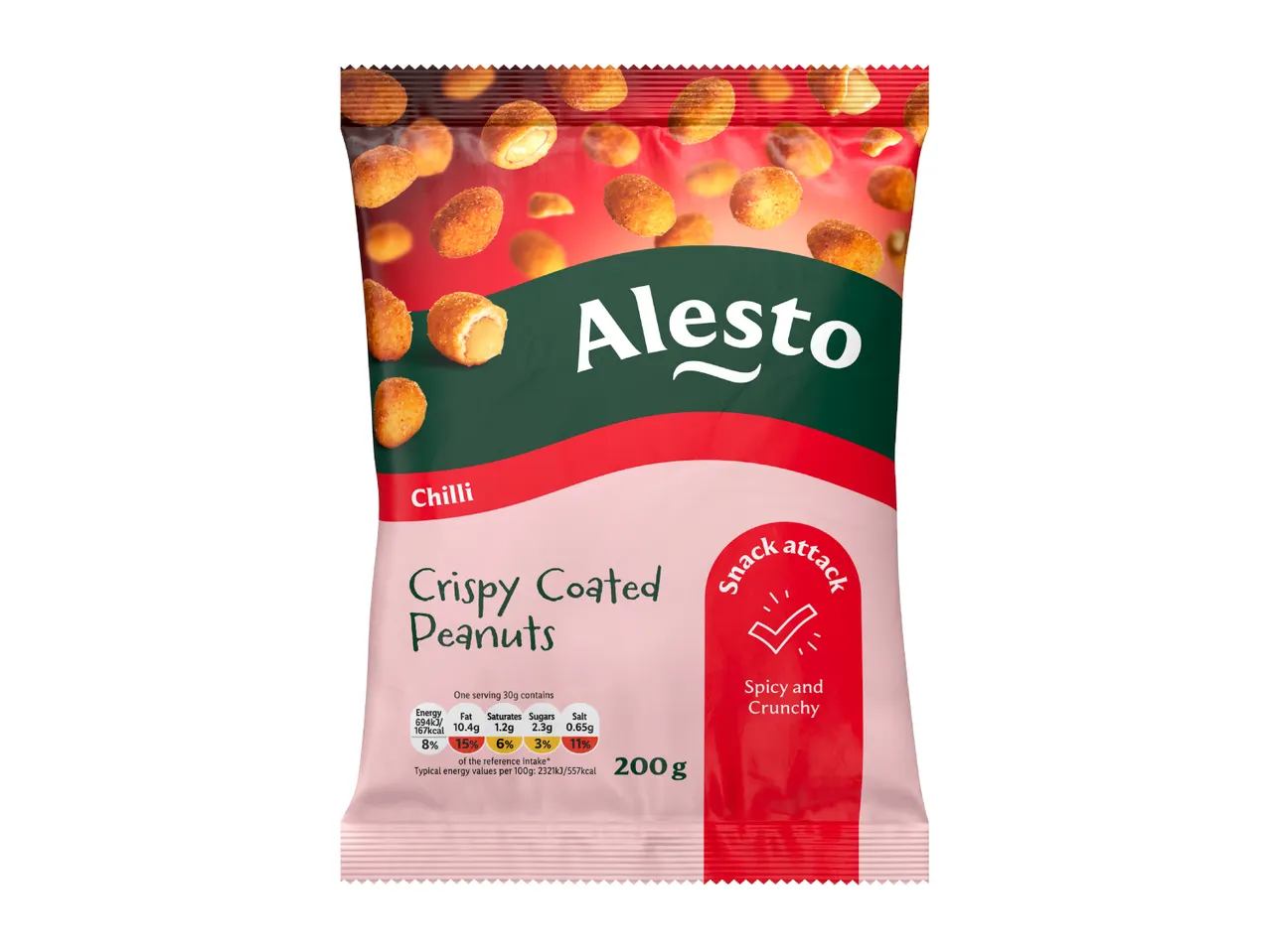 A bag of crispy coated peanuts with a chili flavor, showing nutritional information and a 'Snack attack' label.