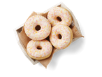 Vier donuts met roze glazuur en spikkels in een houten kistje.