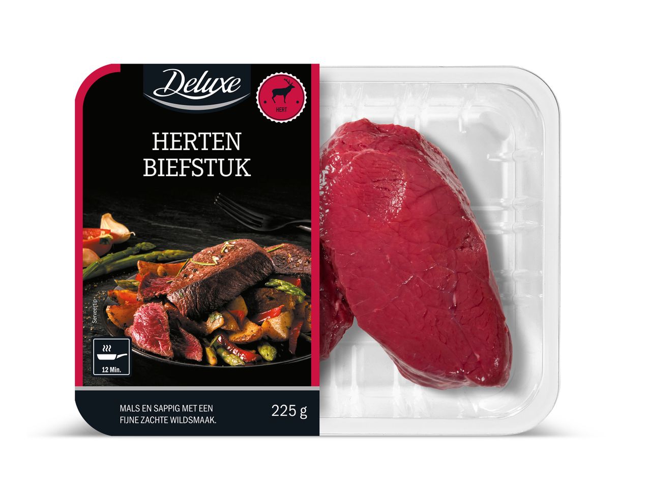 Deluxe Hertenbiefstuk in verpakking met serveertip en 225g gewicht.
