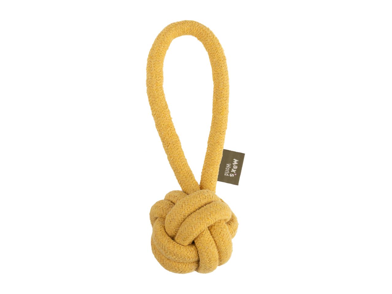 Yellow rope dog toy with a knotted ball and loop handle