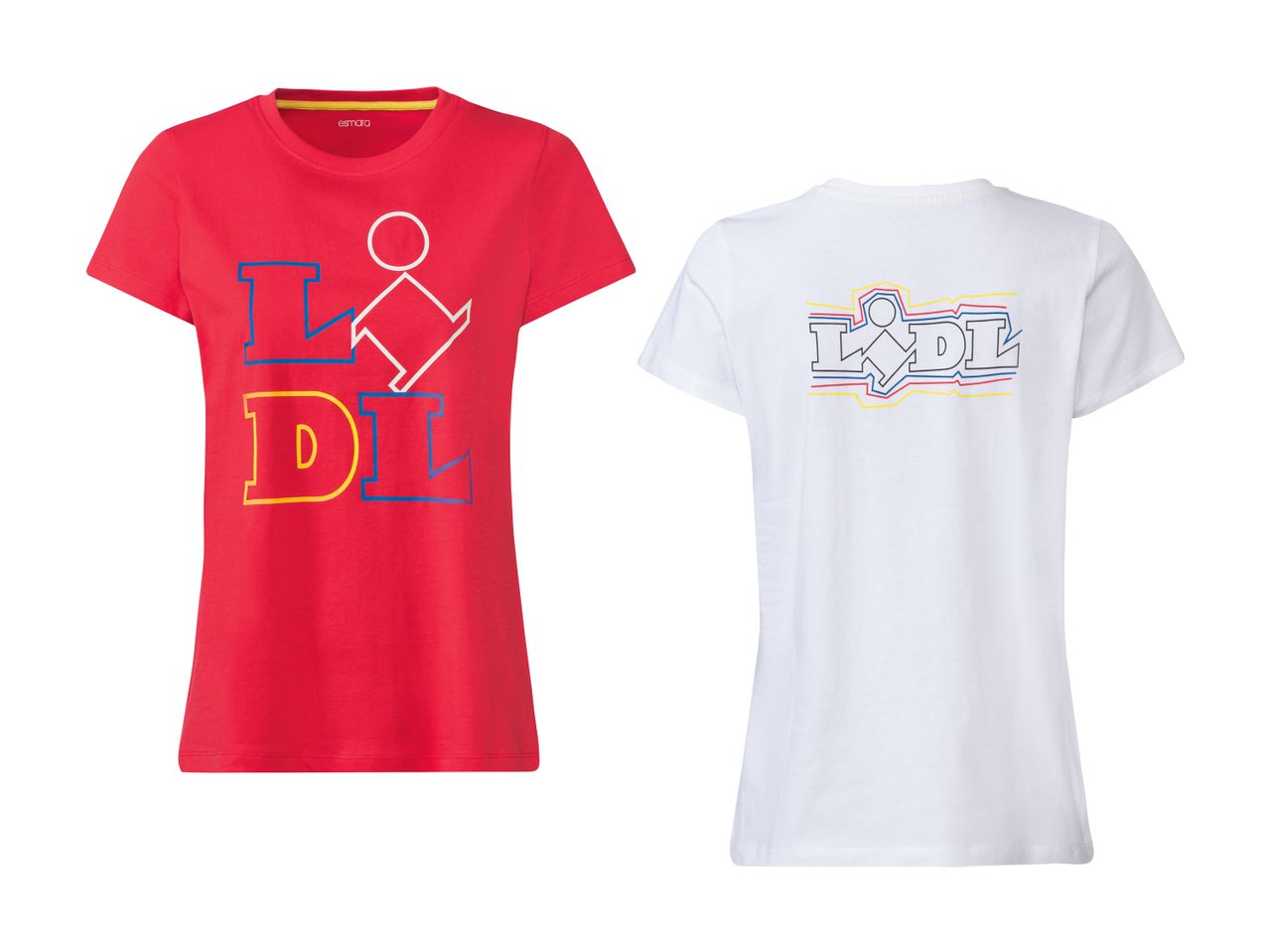 To Lidl T-shirts, en rød og en hvid, med Lidl-logoet.