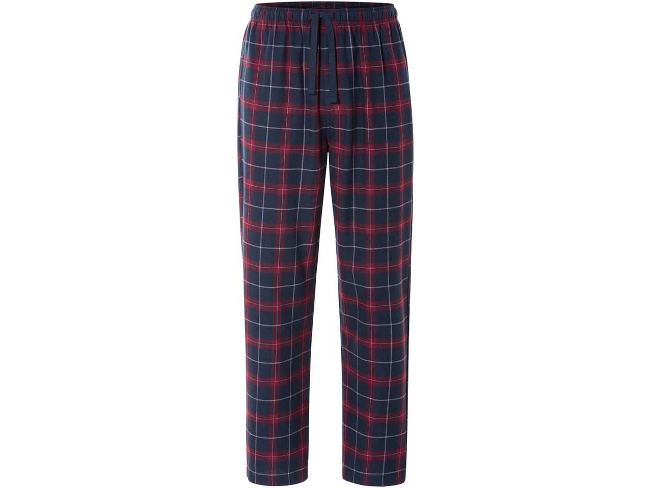 Men's blue and red plaid pajama pants with a drawstring waist