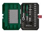 Open tool case with a ratchet, screwdriver, and various bits and sockets, alongside a screw size chart.