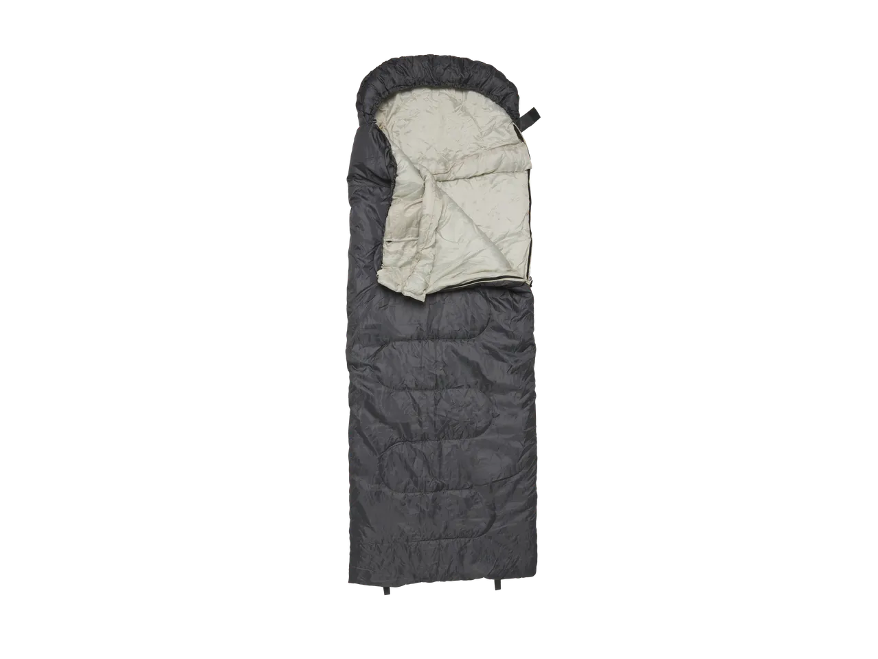 Grey sleeping bag with a light-colored interior, partially unzipped to show the inside.