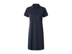 Navy blue polo dress with red and black striped collar and sleeve cuffs