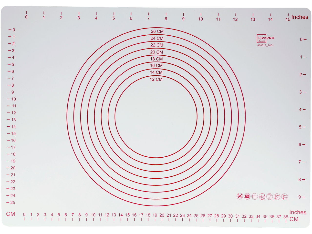 LIVARNO home silikoonist küpsetusmatt mõõtude ja ringidega, CM ja tollides.