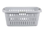 A gray plastic laundry basket with gray and white striped handles.