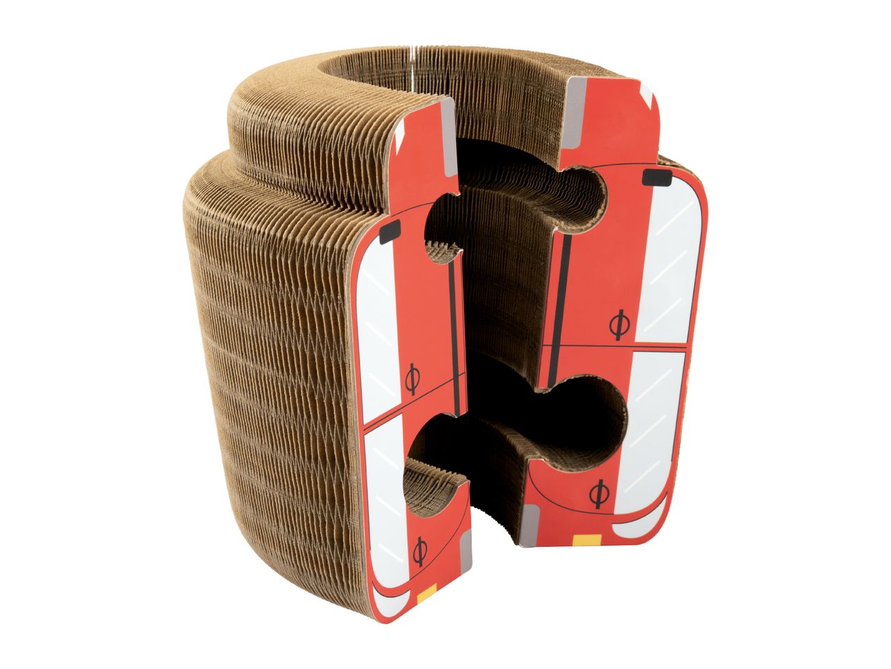 Corrugated cardboard cat scratcher shaped like a red double-decker bus.