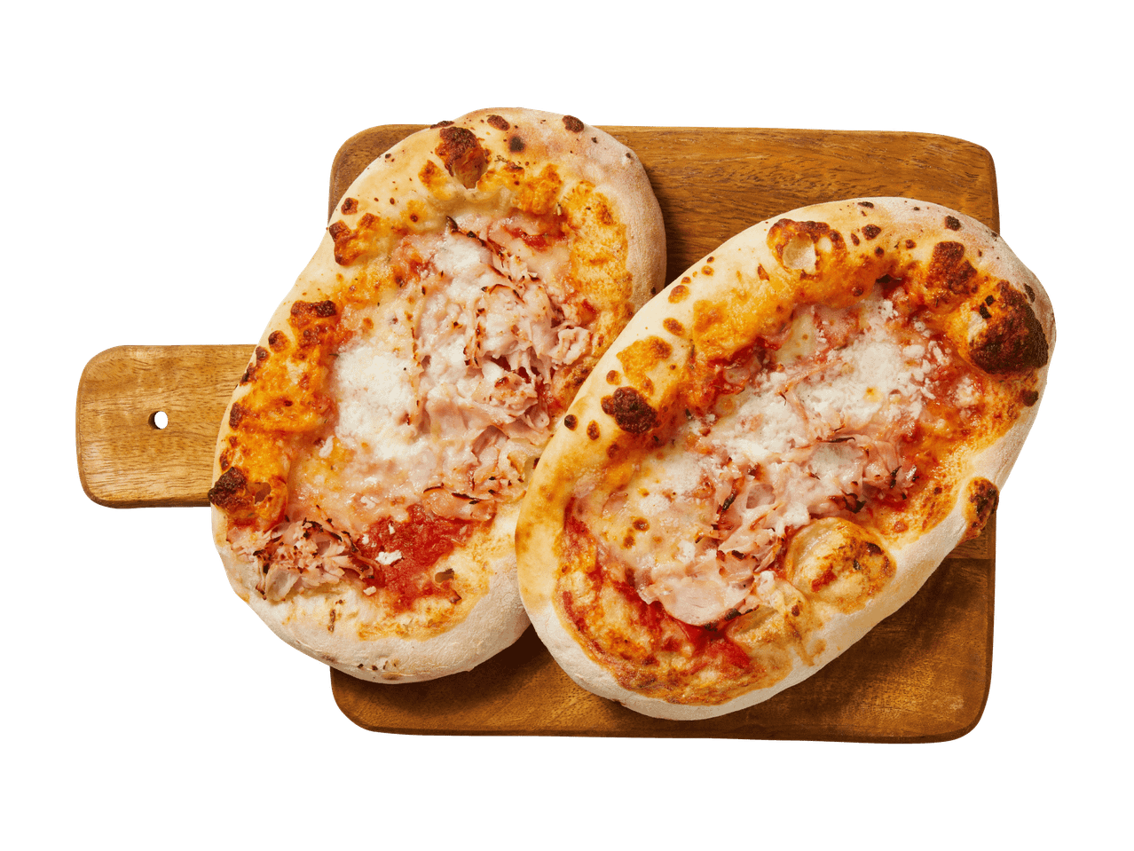 Kaksi pientä pizzaa kinkulla ja juustolla puisella leikkuulaudalla.