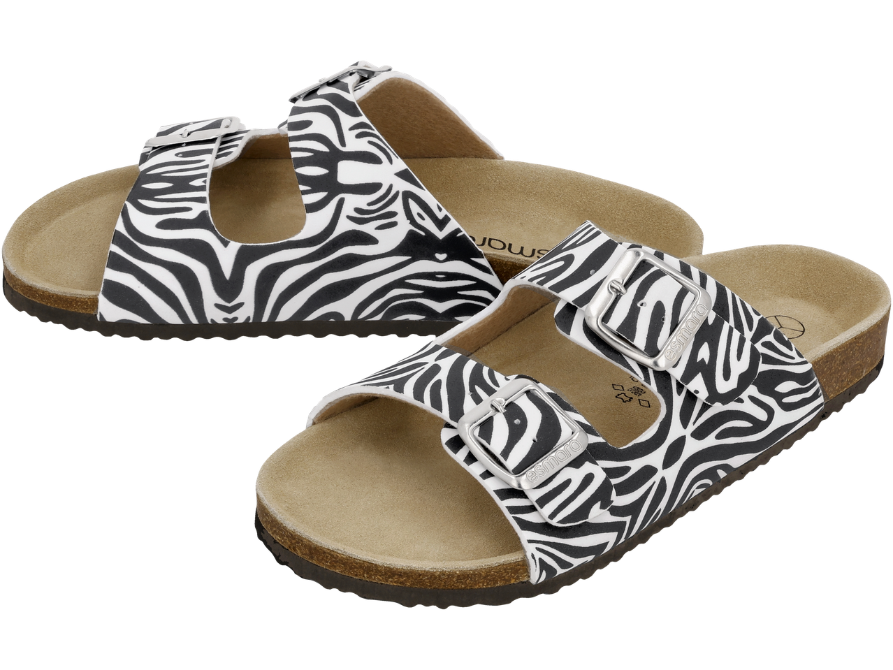 Ženske sandale ESMARA sa crno-belim zebra dezenom i srebrnim kopčama.