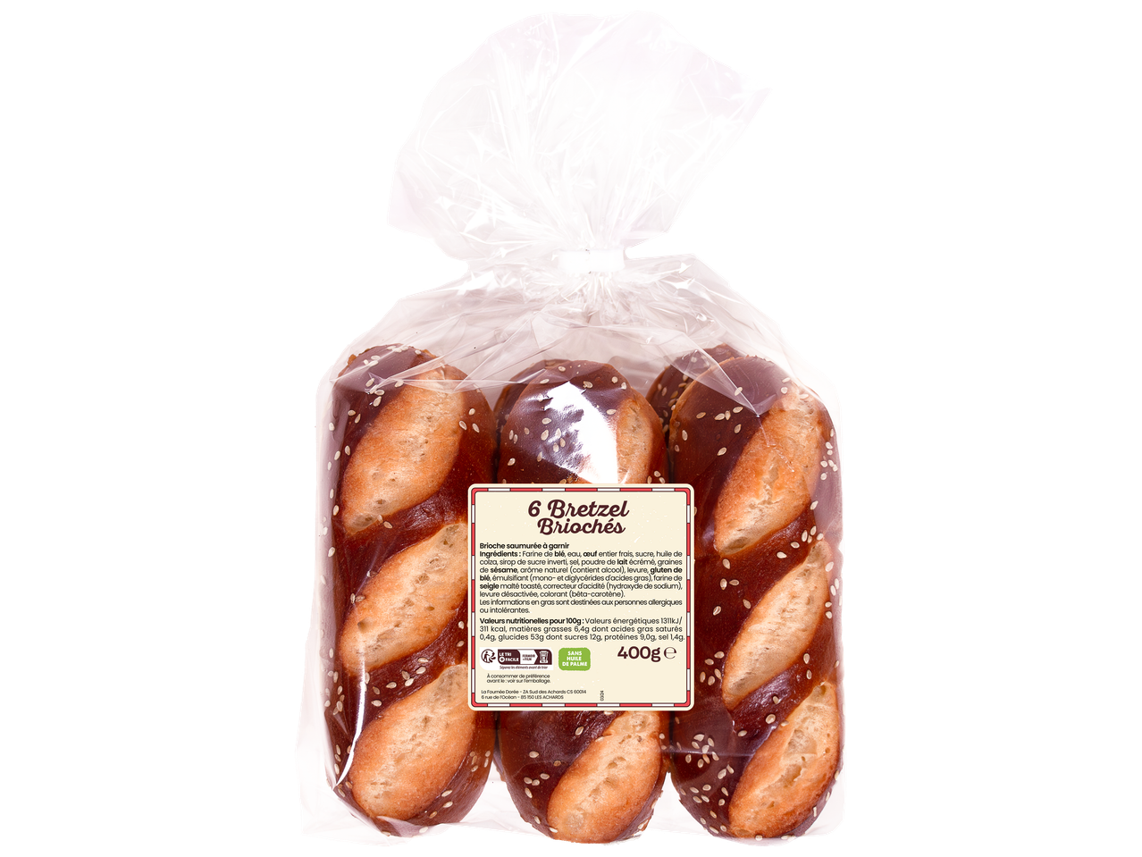 Paquet de 6 brioches bretzel avec des graines de sésame, sans huile de palme.